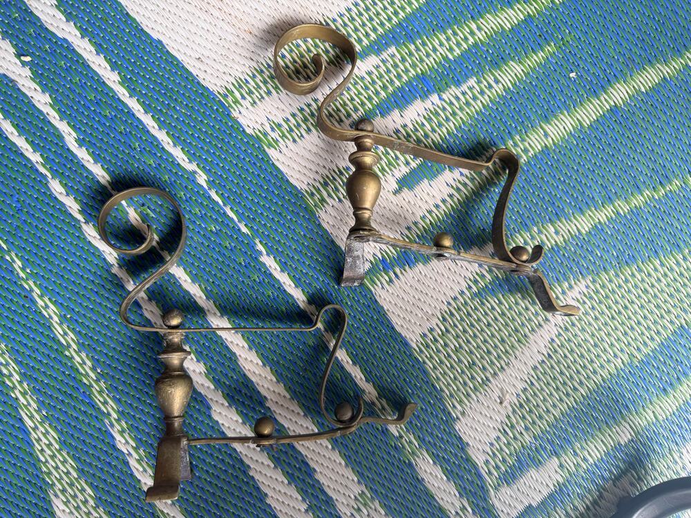 Vintage Brass Fireplace Andirons Scroll Top Baluster Log Dogs Pair AS IS Repair